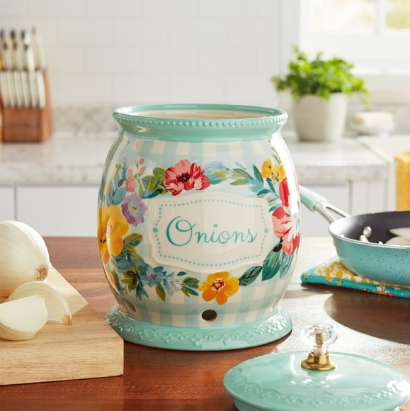 ❤️ New Pioneer Woman Sweet Romance Teal Gingham Onion Keeper with Lid - Picture 1 of 8